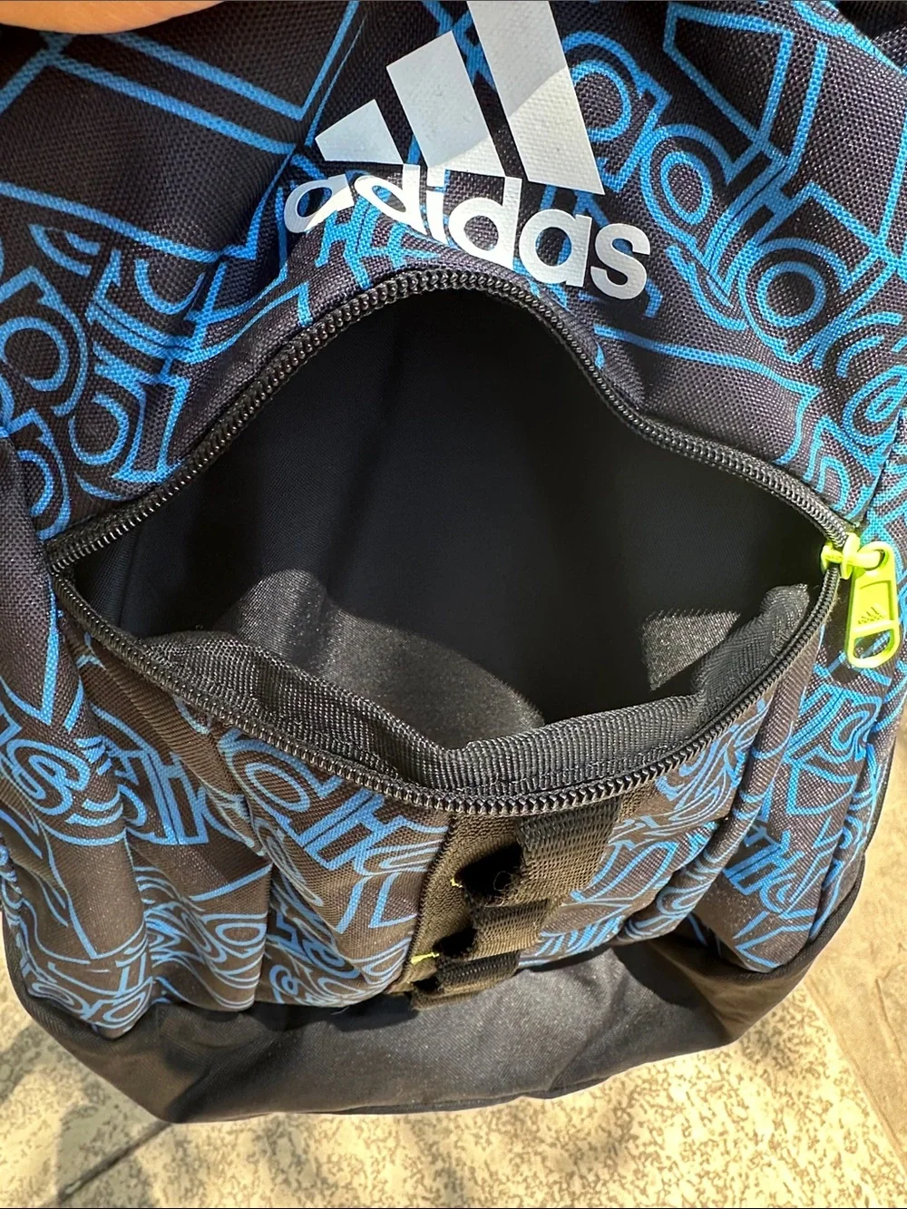 Adidas Stratton 3 Large Backpack Blue Black Logo Print Neon Yellow Accents Clean